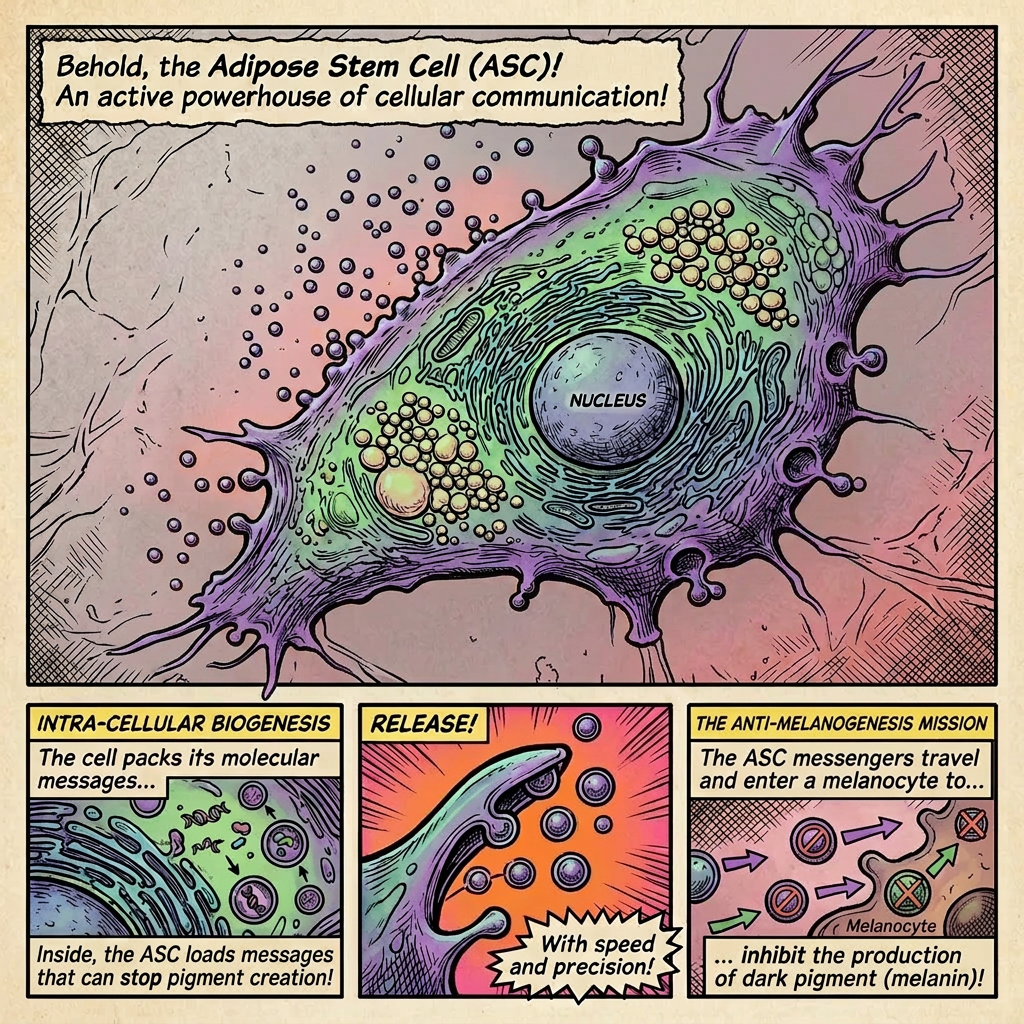 Illustration of an adipose stem cell with nucleus releasing molecular messages, showing intracellular packing and extracellular travel of molecules