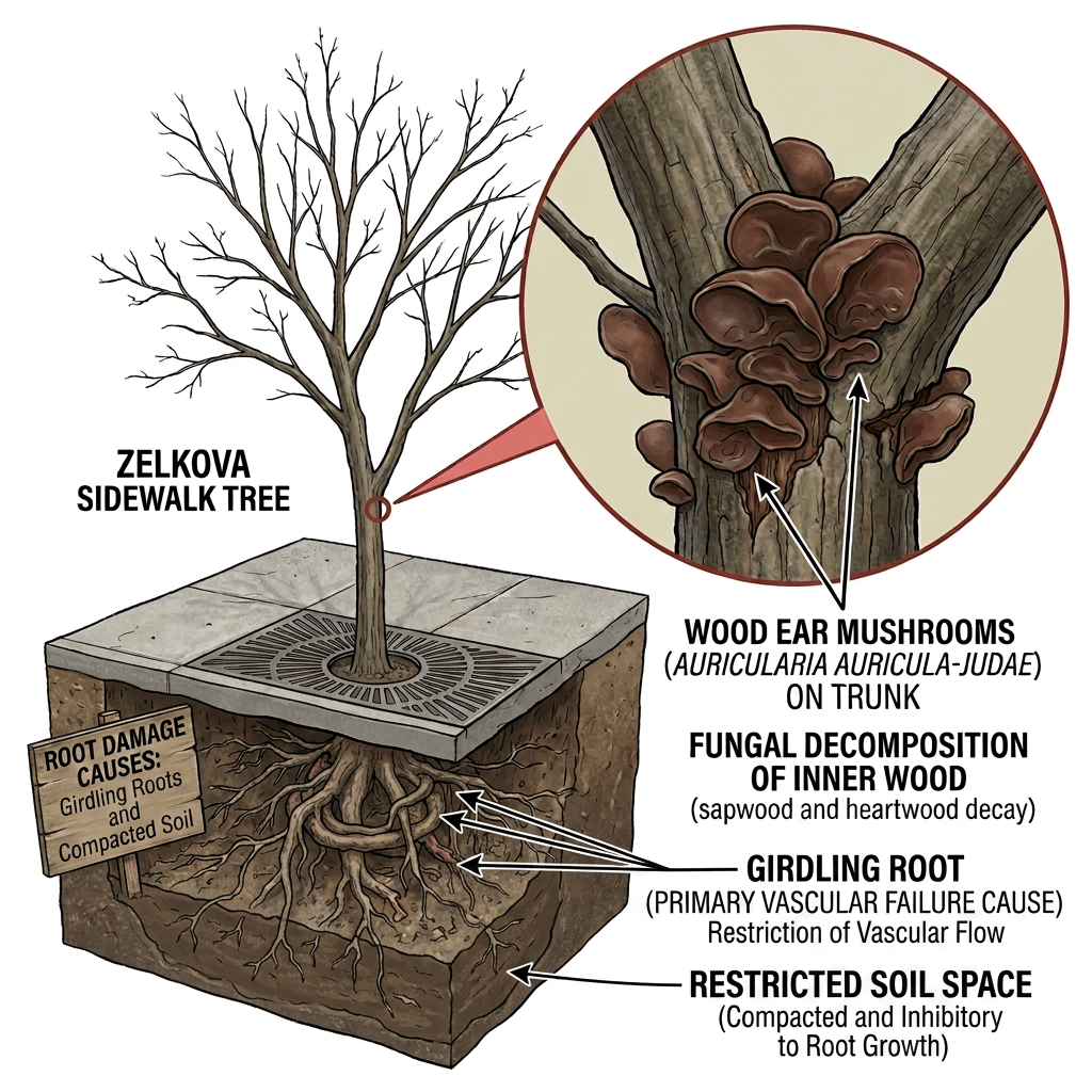 Diagram of zelkova sidewalk tree showing trunk mushrooms, inner wood decay, and damaged roots